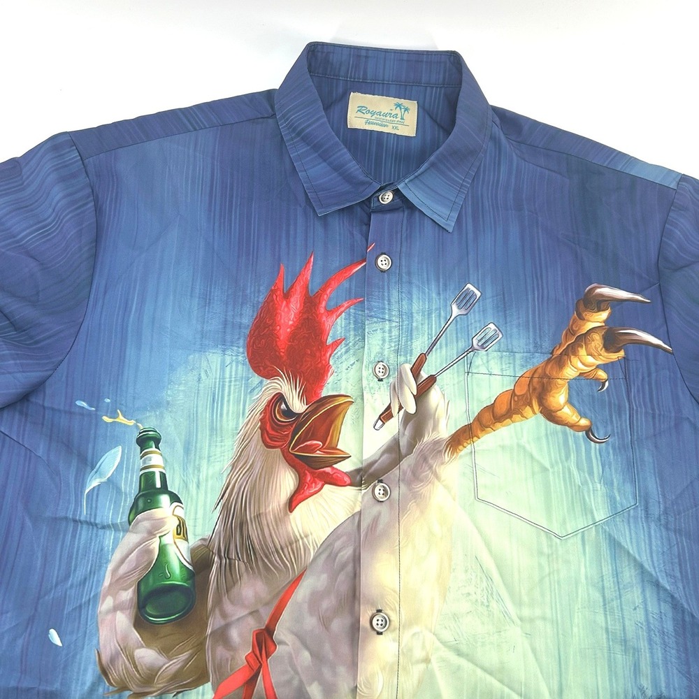 Royaura Mens XXL Blue Rooster BBQ Beer Graphic Hawaiian Short Sleeve Shirt